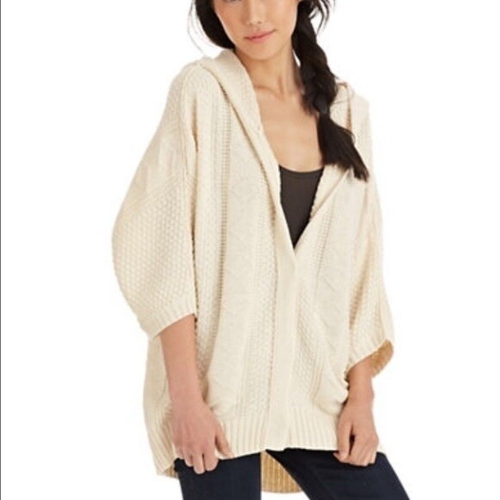 Free People Cream Chunky Knit Hooded Cardigan Batwing Oversized Sweater Small
